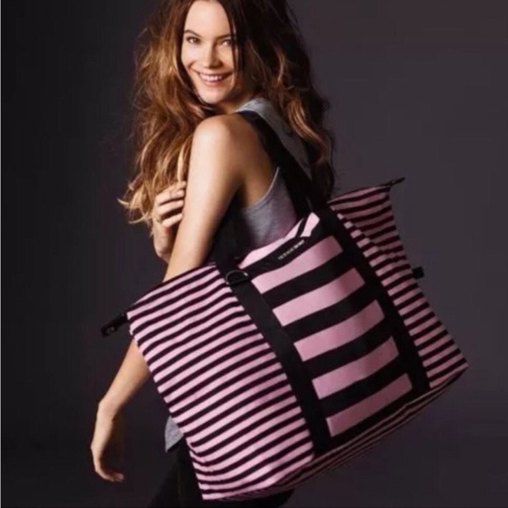 Victoria’s Secret Iconic Pink & Black Striped Duffle Bag Expandable Travel Tote